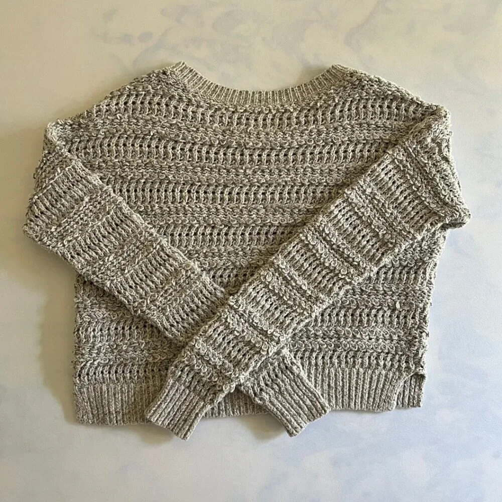 Abercrombie & Fitch Grey Knit Open Stitch Cropped Crewneck Sweater
